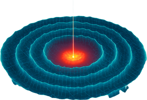 Overhead digital simulation hologram of oceanic meteor impact tsunami wave shockwave radius circle outward crashing neon cyberpunk 3d diagram Translucent projection grid
