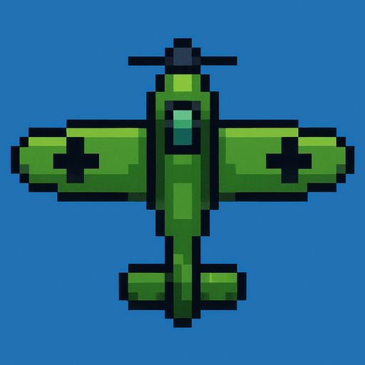 yeşil 2d pixel simetrik uçak
In-Game asset.  2d.  High contrast.  No shadows