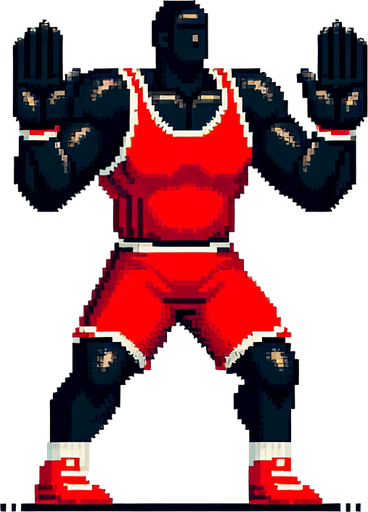 Tall, bulky, black male holding hands up trying to defend a basketball shot. Basketball player is wearing red shorts with a red jersey. The basketball is not present in the image. 8-bit art style..
Single Game Texture. In-Game asset. 2d. Blank background. High contrast. No shadows.