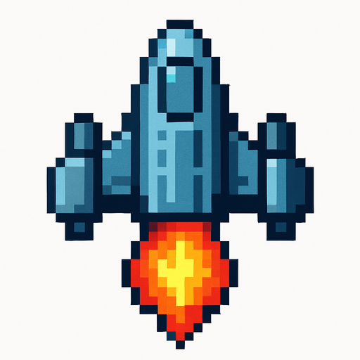 Пиксельный корабль сверху с нарисованным огнем спереди вид сверху.
In-Game asset.  2d.  High contrast.  No shadows
