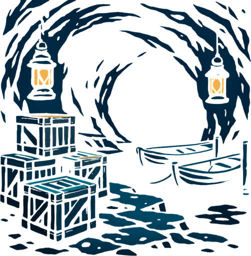 A dark sea cave used by smugglers, crates stacked on wet stone, rusty lanterns casting weak light, small boats tied to hidden docks.
In-Game asset.  2d.  High contrast.  No shadows