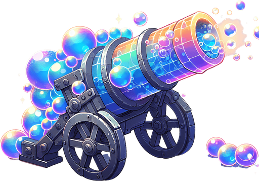 A cannon made out of a bubble.
Single Game Texture.  In-Game asset.  2d.  Blank background.  High contrast.  No shadows
