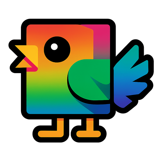 Square shaped rainbow bird facing right.
In-Game asset.  2d.  High contrast.  No shadows