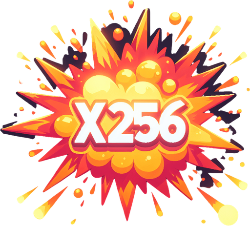 爆炸，里面有“X256”的字样,暖色调.
Single Game Texture. In-Game asset. 2d. Blank background. High contrast. No shadows.