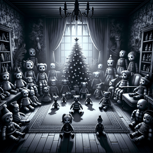 Eerie Christmas-inspired doll room similar to a resident evil room
Single Game Texture. In-Game asset. 2d. Blank background. High contrast. No shadows.