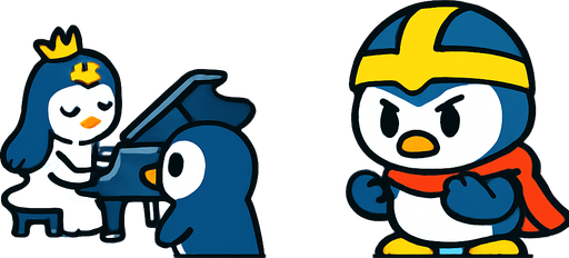 4-panel comic strip, no text, cute cartoon style, bright colors, black outlines.
Characters: Penguin Hero (small, determined) + Penguin Princess (elegant, crown) + Village Penguins
Central Theme: Music connects hearts, piano mastery wins love.  Hero sees Princess's beautiful piano playing, falls in love

Panel 1: Hero living normal life in penguin village
Panel 2: Hears beautiful piano music from Princess's ice palace
Panel 3: Sees Princess playing gracefully, hearts float around Hero
Panel 4: Hero determined but nervous, looking at his flippers.
In-Game asset.  2d.  High contrast.  No shadows