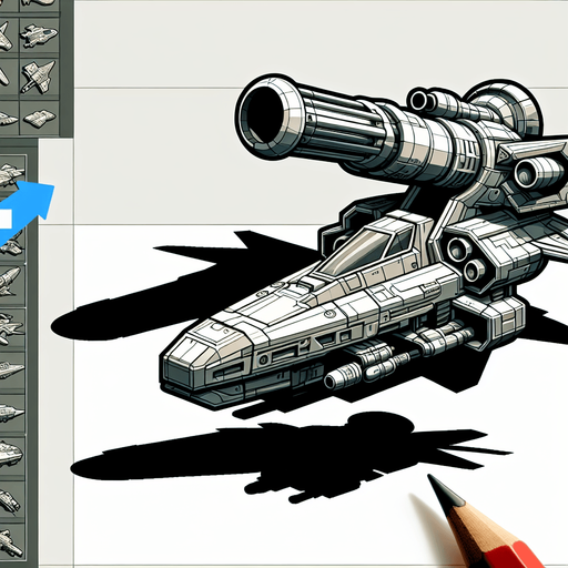 A hero space ship with cannon looking upwards.
Single Game Texture. In-Game asset. 2d. Blank background. High contrast. No shadows.