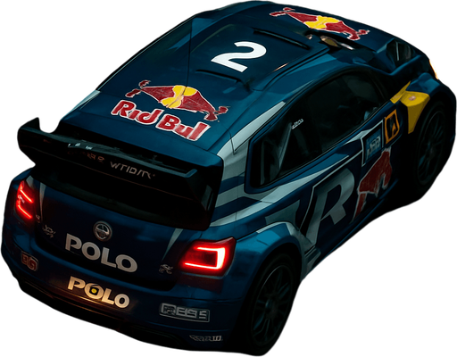 Photorealistic Volkswagen Polo R WRC Rallycar in nightlight, drone topview from back and 45 degrees angle in top right corner