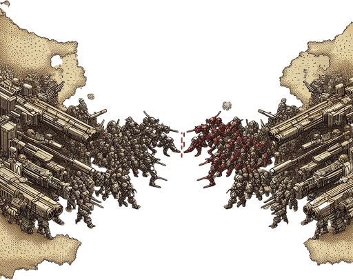 A map of a fictional world, divided in the middle by a red dashed line, which is a country border. On each side of the border, a modern army is marched up and pointing weapons at the other side. Style should be detailed illustration..
Single Game Texture. In-Game asset. 2d. Blank background. High contrast.