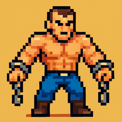 A normal human being but has chains on arms and muscular body pixelart.
In-Game asset.  2d.  High contrast.  No shadows