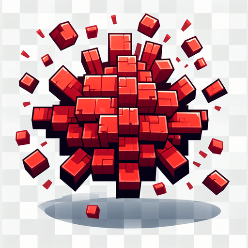 a cartoon explosion made of red bricks. no shadows..
Single Game Texture. In-Game asset. 2d. Blank background. High contrast. No shadows.