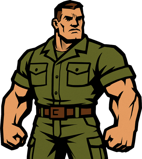 2d strong man wearing a uniform of military without helmet and looking strong.
In-Game asset.  2d.  High contrast.  No shadows