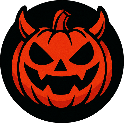 yuvarlak bir çerçevenin içerisinde şeytan kulaklı gülümseyen balkabağı kırmızı.
In-Game asset.  2d.  High contrast.  No shadows