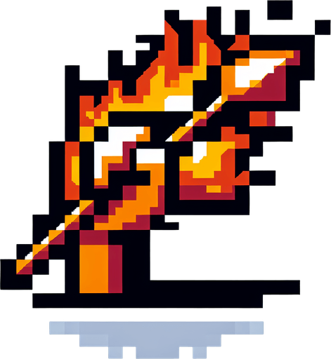 Pixelart. An icon of a an arm holding  javelin with fire around it..
Single Game Texture. In-Game asset. 2d. Blank background. High contrast. No shadows.