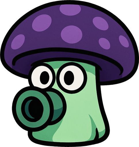 Sombrero Púrpura: Tiene un sombrero grande y redondo de color púrpura oscuro o violeta, con manchas o puntos de un púrpura ligeramente más claro.

Tallo Verde Claro: Su tallo es corto y robusto, de un color verde claro o menta.

Ojos Grandes y Boquilla: Posee dos ojos grandes y redondos, y una "boca" o boquilla prominente en el frente, de color verde oscuro, desde donde expulsa sus proyectiles..
In-Game asset.  2d.  High contrast.  No shadows