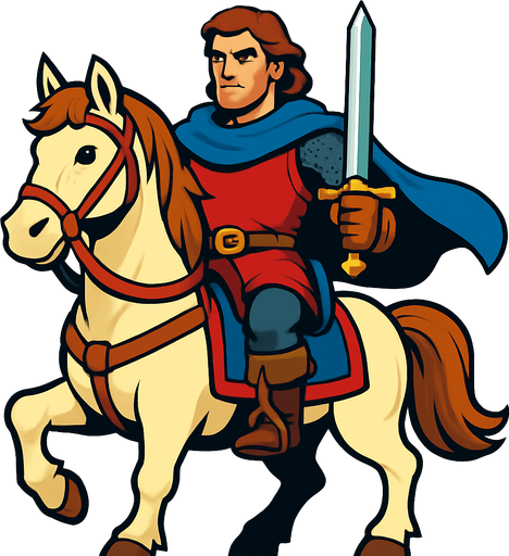 a hero man on the horse character image.
In-Game asset.  2d.  High contrast.  No shadows