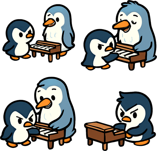 4-panel comic strip, no text, cute cartoon style, bright colors, black outlines.
Characters: Penguin Hero (small, determined) + Penguin Princess (elegant, crown) + Village Penguins
Central Theme: Music connects hearts, piano mastery wins love. Story: Old wise penguin teaches Hero about music and courage

Panel 1: Hero meets old penguin with small piano on ice floe
Panel 2: Old penguin demonstrates simple piano scales, notes are warm/golden
Panel 3: Hero tries playing, makes mistakes but old penguin encourages
Panel 4: Hero practices with determination, musical notes getting brighter.
In-Game asset.  2d.  High contrast.  No shadows