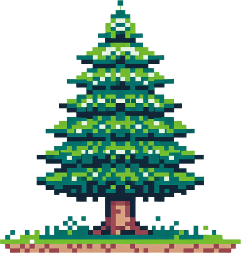 8-bit pine tree.
Single Game Texture. In-Game asset. 2d. Blank background. High contrast. No shadows.
