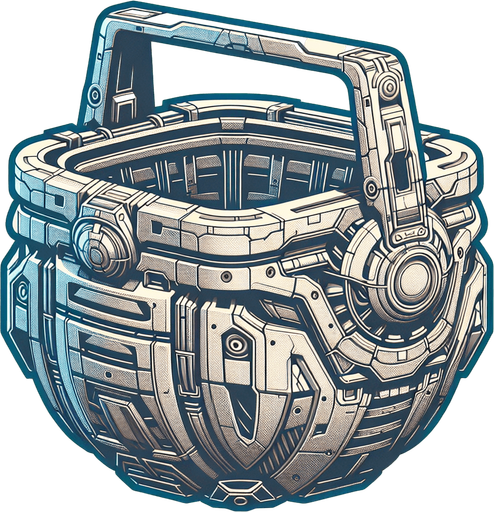 a robotic basket with high contrast.
Single Game Texture.  In-Game asset.  2d.  Blank background.  High contrast.  No shadows