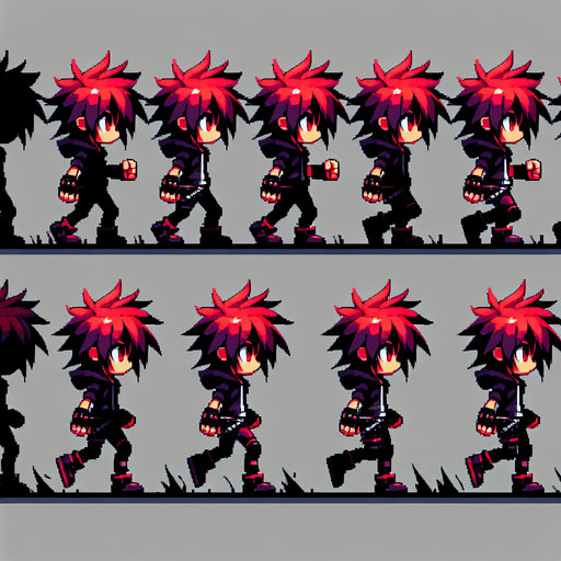 spritesheet of a person walking.
Single Game Texture. In-Game asset. 2d. Blank background. High contrast. No shadows.