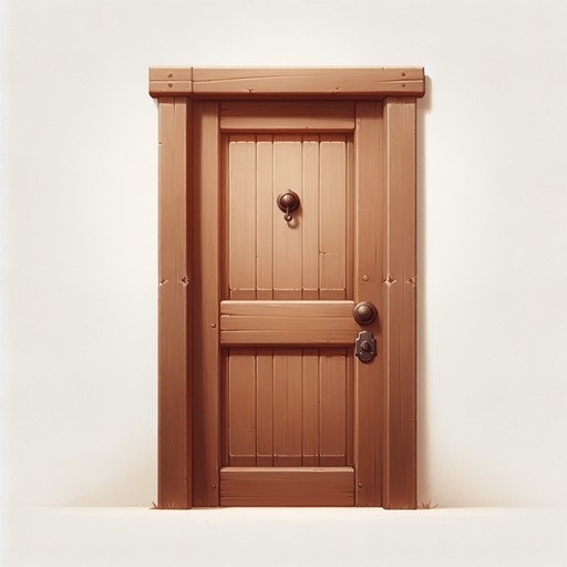 Uma Porta de madeira para frente com machaneta marrrom..
Single Game Texture. In-Game asset. 2d. Blank background. High contrast. No shadows.
