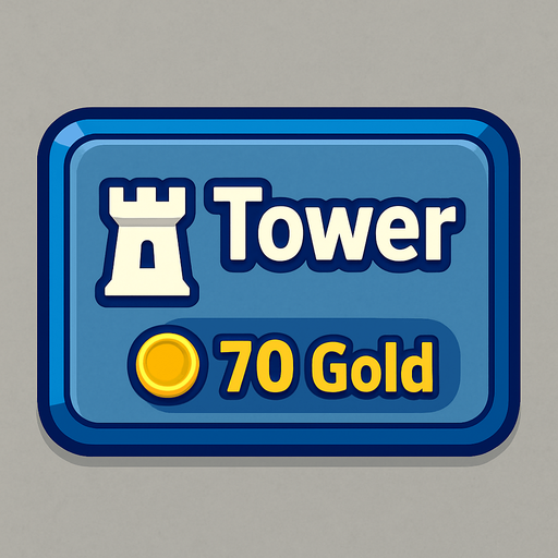 Crea un botón interactivo UI estilo 2D renderizado, limpio y cartoonish. Debe tener contornos definidos, colores vibrantes y sombreado que dé volumen. Será un rectángulo con esquinas ligeramente redondeadas. El fondo del botón será sólido y neutro (ej. gris claro, azul pizarra, metal pulido o piedra sutil). Debe contrastar con el "tablón" de madera pero integrarse bien al estilo general de la UI.

El botón debe contener:

Texto Principal: La palabra "Tower" (Torre) claramente visible en la parte superior central.

Icono Secundario (Opcional): Una silueta o dibujo estilizado y simple de una torre genérica, ubicada a la izquierda del texto "Tower" (o a la derecha, si el diseño lo favorece).

Precio: El texto "70 Oro" (o símbolo de oro y "70") claramente visible en la parte inferior central (o en una esquina inferior). Este precio debe ser una parte integral del diseño del botón (mismo asset).

Los colores de texto/icono deben contrastar claramente con el fondo (ej. blanco, dorado). El bo.
In-Game asset.  2d.  High contrast.  No shadows