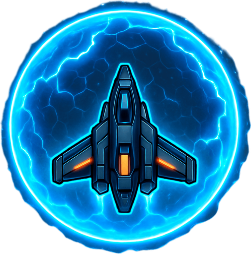 A 2D sci-fi energy shield around a space fighter ship, glowing with electric blue and cyan hues, forming a semi-transparent spherical barrier with pulsing light, subtle hexagonal patterns, and animated energy ripples. The shield should look powerful and futuristic, slightly reflective, and designed for a top-down space shooter game. Transparent background, digital art, perfect for sprite-based visual effects..
In-Game asset.  2d.  High contrast.  No shadows