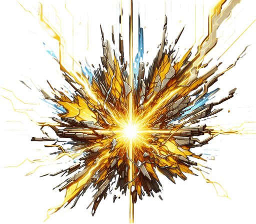 A more intense version of Power Surge. A fractured or exploding core shape at the center, emitting powerful, jagged energy waves (possibly in yellow or orange on top of blue). Could incorporate classic explosion symbol elements but rendered in the cybernetic style. Should look significantly more powerful than Power Surge..
Single Game Texture.  In-Game asset.  2d.  Blank background.  High contrast.  No shadows
