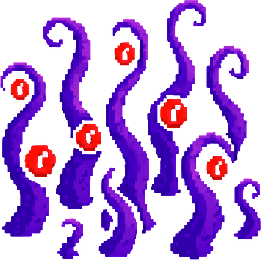 Purple tentacles pixel art and red eyes 2d.
In-Game asset.  2d.  High contrast.  No shadows