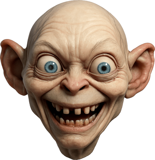 3D Scary but funny and cute face meme of gollum. only face, different faces look.
In-Game asset.  3D.  High contrast.  No shadows. only face