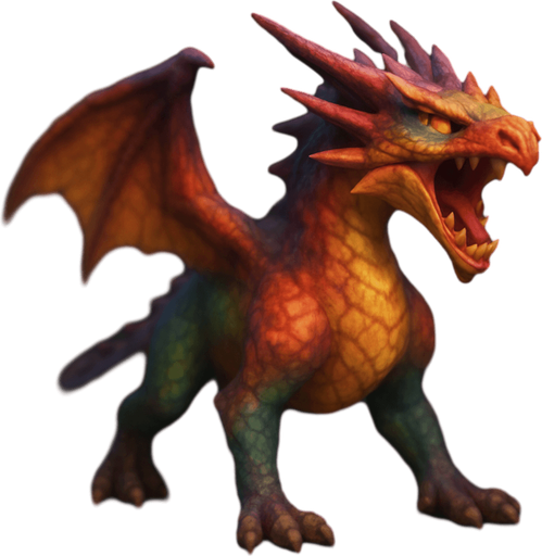 Different standing dragon on four legs, looking down. have mixed colors. Blur. the dragon is opened mouth like he is ready to shout. 
Single Game Texture. In-Game asset. 3D. Blank background. High contrast. No shadows.