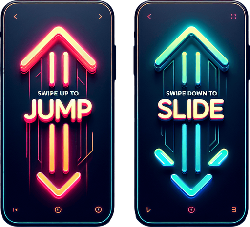 Text and icon : "swipe up to jump" (arrow up)  and  "swipe down to slide"  (arrow down).