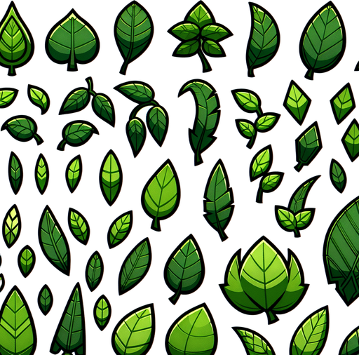 A sprite sheet of different green leaves. Cartoon..
Single Game Texture. In-Game asset. 2d. Blank background. High contrast. No shadows.