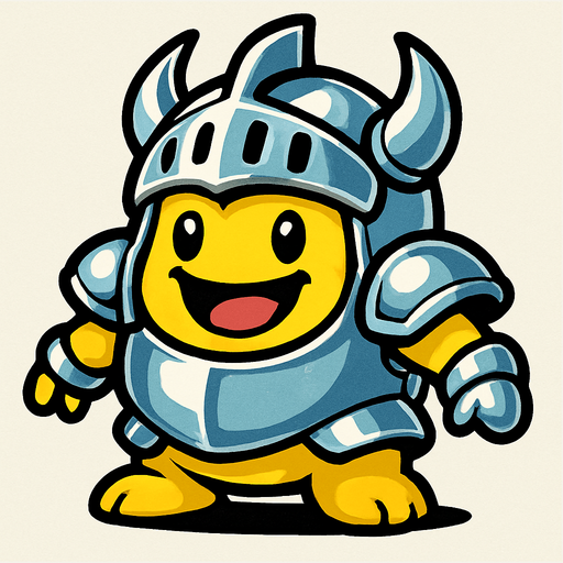 Monster with shiny armor and a helmet. Monster has a happy face.
In-Game asset.  2d.  High contrast.  No shadows
