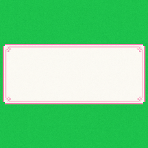 Diseña exclusivamente un cuadro de diálogo de color blanco de 2048 x 684 píxeles y esquinas en ángulo recto, evocando la estética romántica y juvenil de una novela ligera escolar, todo en estilo pixel art. No debe incluir ninguna otra funcionalidad. Detrás hay un fondo de color verde croma.