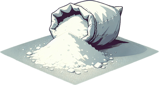 A bag of white sugar, open and with a pile of the sugar in front of it..
Single Game Texture. In-Game asset. 2d. Blank background. High contrast. No shadows.