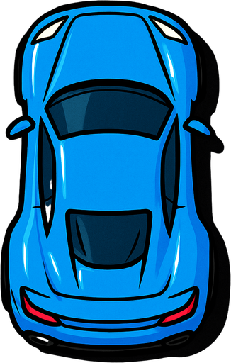 Sports Car,blue,2d,game asset,png,upper profile.
In-Game asset.  2d.  High contrast.  No shadows,upper look,upper side