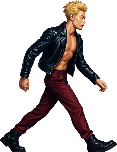 Same pose Limb positions variations, Front arm in front of body, front leg extended behind, back leg in front, limbs positions swapped, Swishy graceful man Cyberpunk manga, side profile view walking animation, shiny black leather biker jacket longsleeves shirtless Skinny abs blonde pompadour guy, wine red joggers combat boots, Background removed, "Full-body character, entirely in frame, no cropping of face, head, or feet" "Complete character visible, from head to toe, fully centered in the image" "Entire character, including face and boots, fully within the frame" Character fully contained within a square frame, no edges cut off fashion model idle pose
