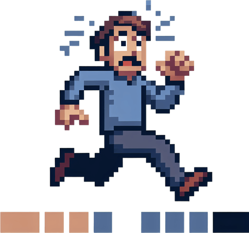Pixel art,  Frightened adult running away scared..
Single Game Texture. In-Game asset. 2d. Blank background. High contrast. No shadows.