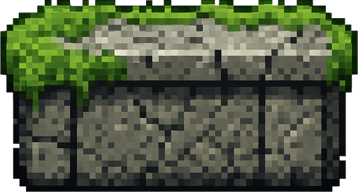 Stone platform sprite, solid gray granite texture with green moss covering, ancient ruins style, rectangular shape, weathered stone surface, small cracks and details, stable and heavy appearance, 2D pixel art, side view, transparent background.
In-Game asset.  2d.  High contrast.  No shadows