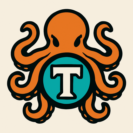 una letra t dentro de una esfera y un pulpo que la rodea.
In-Game asset.  2d.  High contrast.  No shadows