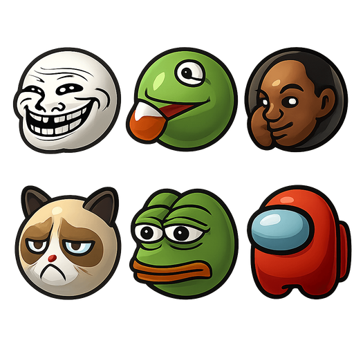 sprite sheet of famous modern meme faces of: Trolololo, Kermit sips tea, Think black Guy, Grumpy Cat, Pepe the frog, among us. each face shaped as a round marble shaped face made in blender 3D..
In-Game asset.  2d.  High contrast.  No shadows