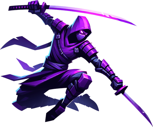 purple ninja with two blade jump style act for battle.
Single Game Texture.  In-Game asset.  2d.  Blank background.  High contrast.  No shadows