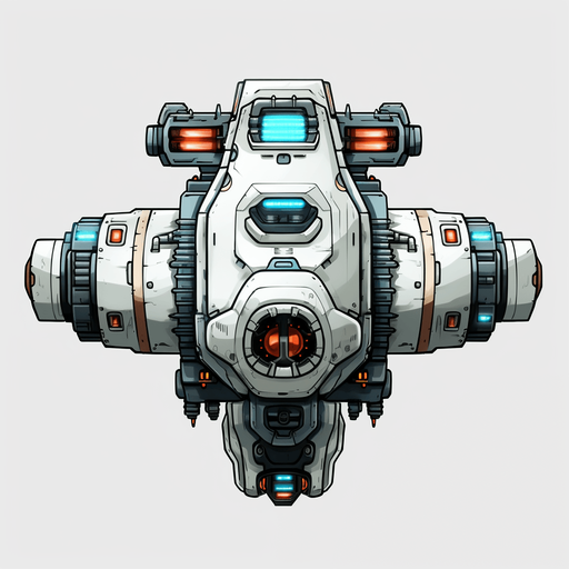 Hero spaceship facing upwards, with a single cannon in the center.
Game Texture. In-Game asset. 2d. Pixelart. White background. Blank background. Low detail. High contrast.