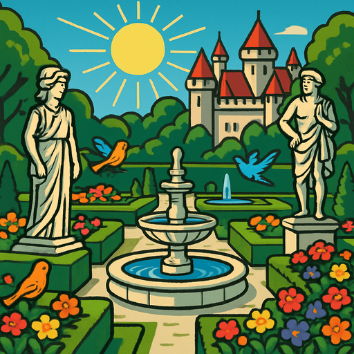 A royal medieval garden with trimmed hedges, stone fountains, blooming flowers and marble statues, birds chirping under the morning sun.
In-Game asset.  2d.  High contrast.  No shadows