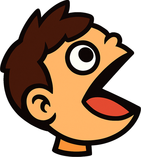 Cabeza de niño con la boca abierta como pacman mirando hacia arriba.
In-Game asset.  2d.  High contrast.  No shadows