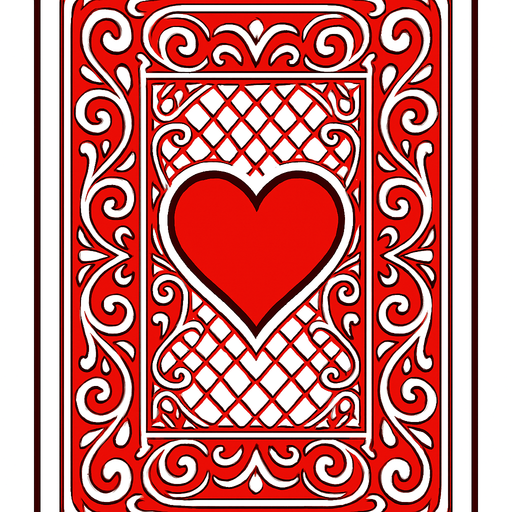 The back of a playing card. Red pattern with a heart in the center. Anime style..
In-Game asset.  2d.  High contrast.  No shadows