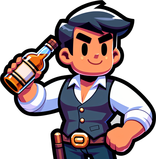 upper torso of a western cartoon barman getting ready to throw a bottle of whiskey..
Single Game Texture. In-Game asset. 2d. Blank background. High contrast. No shadows.