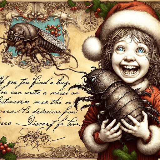 a pergament of a happy girl. she got a big fat slimy bug as chrismas present. There is the text: "If you find a bug, you cam write me a message on Discord FRVR. - Sasbe"