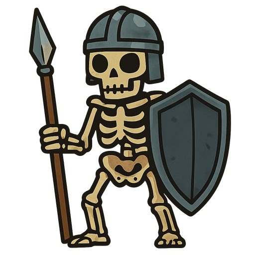 Skeleton with an Iron helmet, Iron spear and a big iron shield.
In-Game asset.  2d.  High contrast.  No shadows